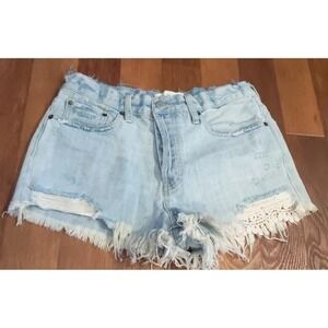 We The Free Jean Shorts 29 Light Wash Distressed Button Fly Boho Crochet Trim